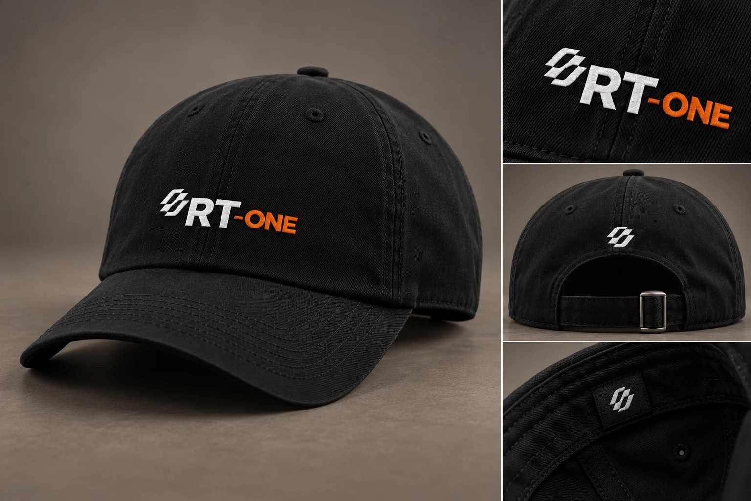Boné preto RT-One com logo bordado na frente, símbolo atrás e etiqueta interna