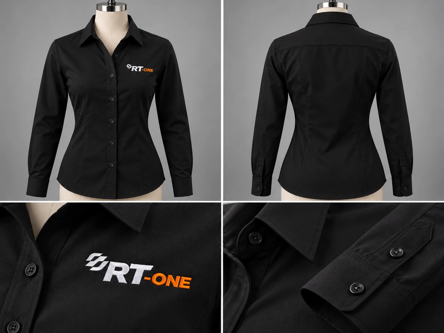 Camisa social feminina preta, frente, costas e detalhes