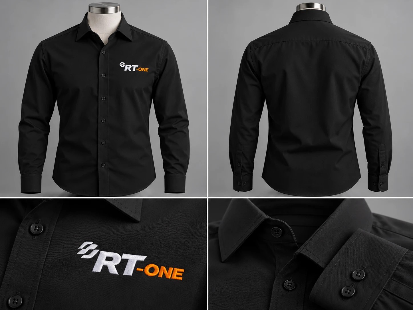 Camisa social masculina preta, frente, costas e detalhes
