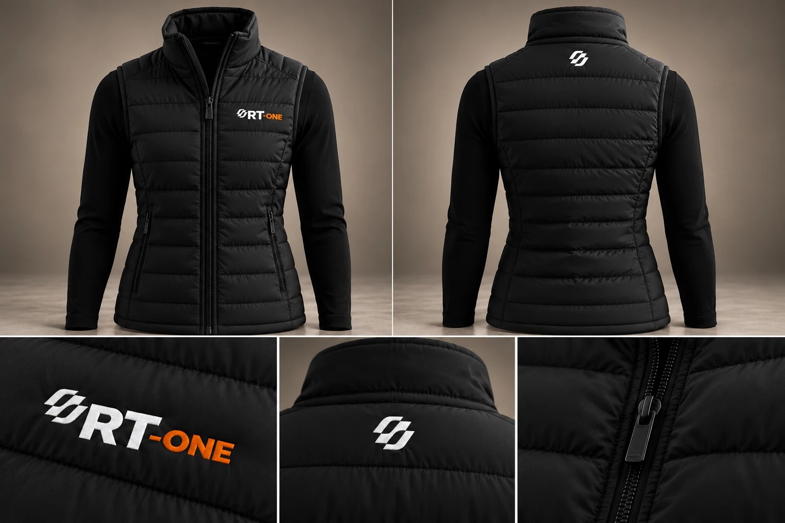 Colete puffer acolchoado preto feminino, frente, costas e detalhes