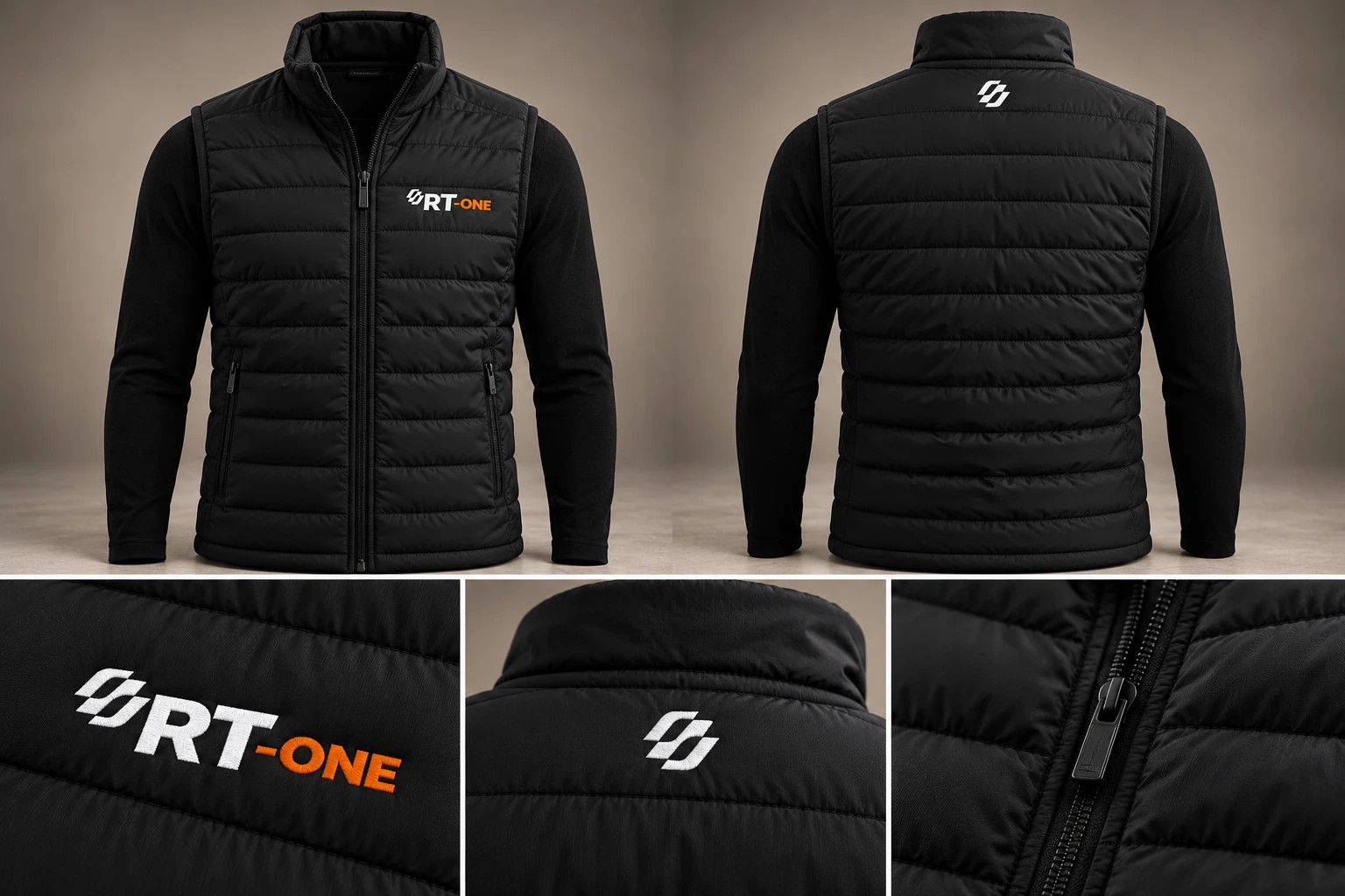 Colete puffer acolchoado preto masculino, frente, costas e detalhes