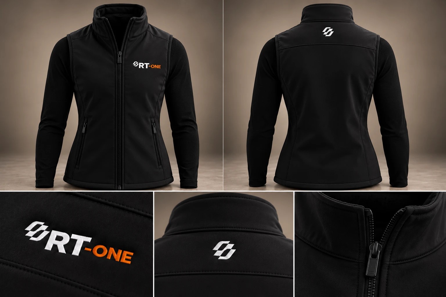 Colete soft shell preto feminino, frente, costas e detalhes