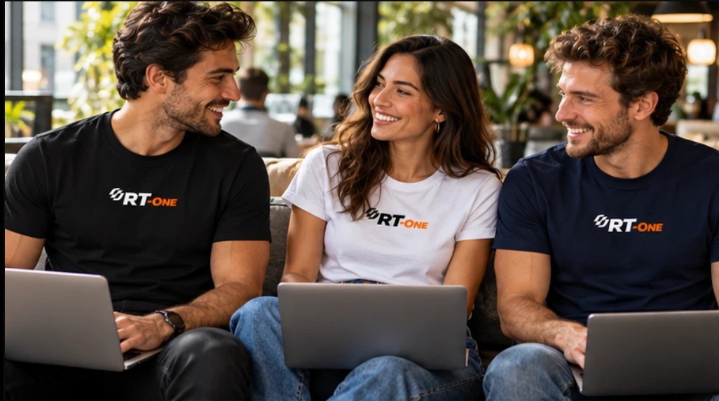 Três colegas no coworking com as camisetas básicas preta, branca e azul-marinho