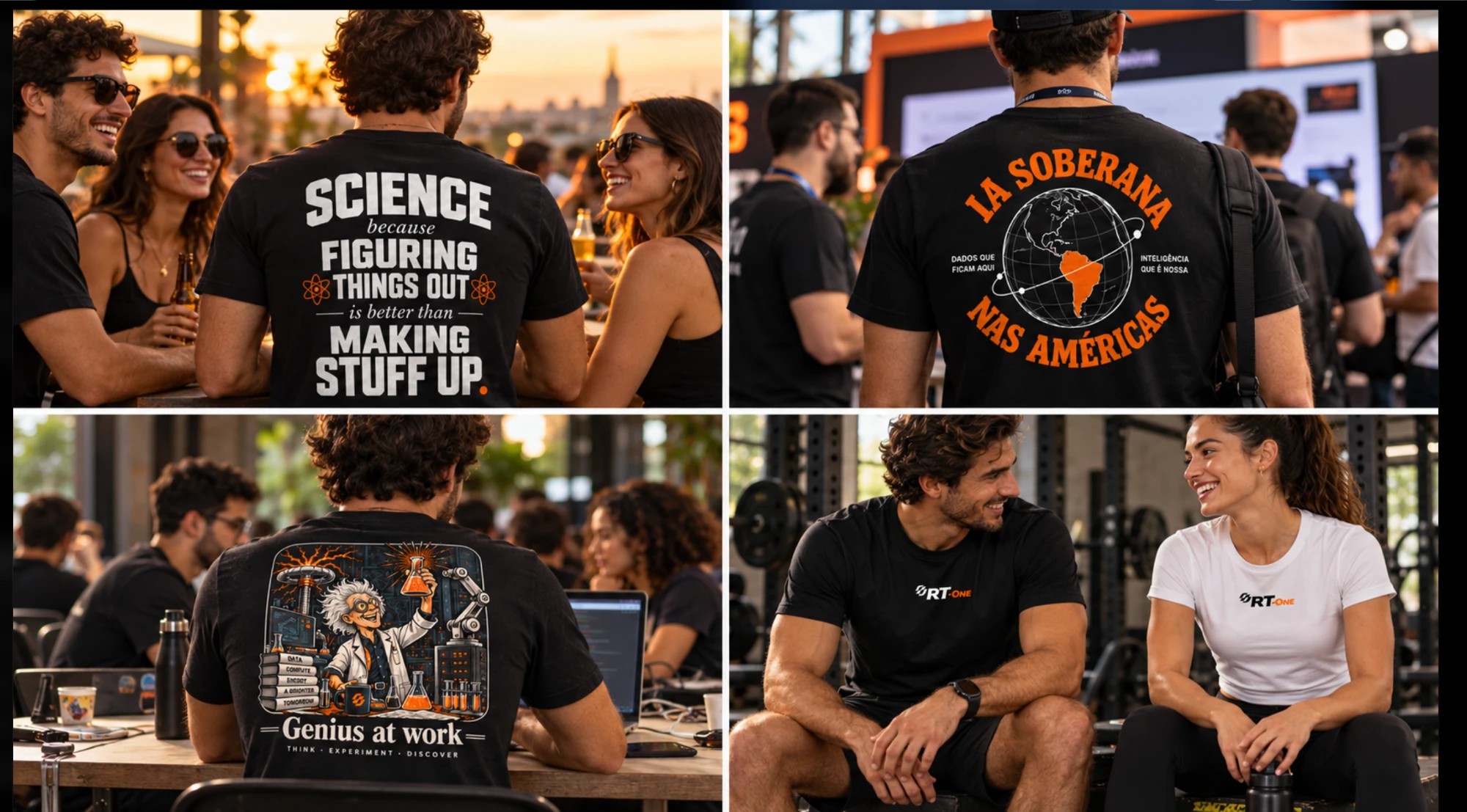 Quatro fotos: Science no happy hour, IA soberana num evento, Genius at work num coworking e as básicas na academia