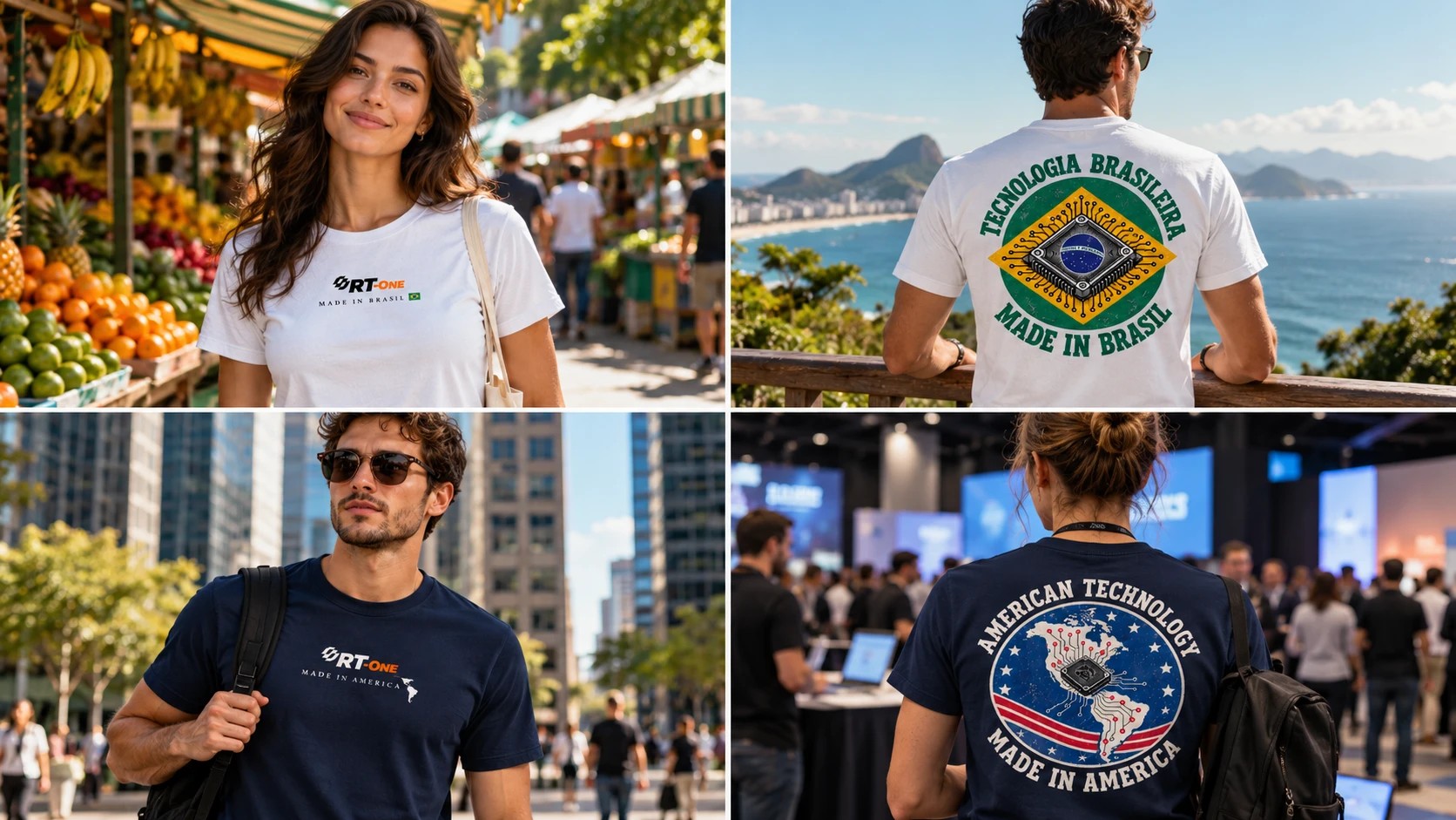 Quatro fotos: Made in Brasil de frente e de costas, Made in America de frente e de costas