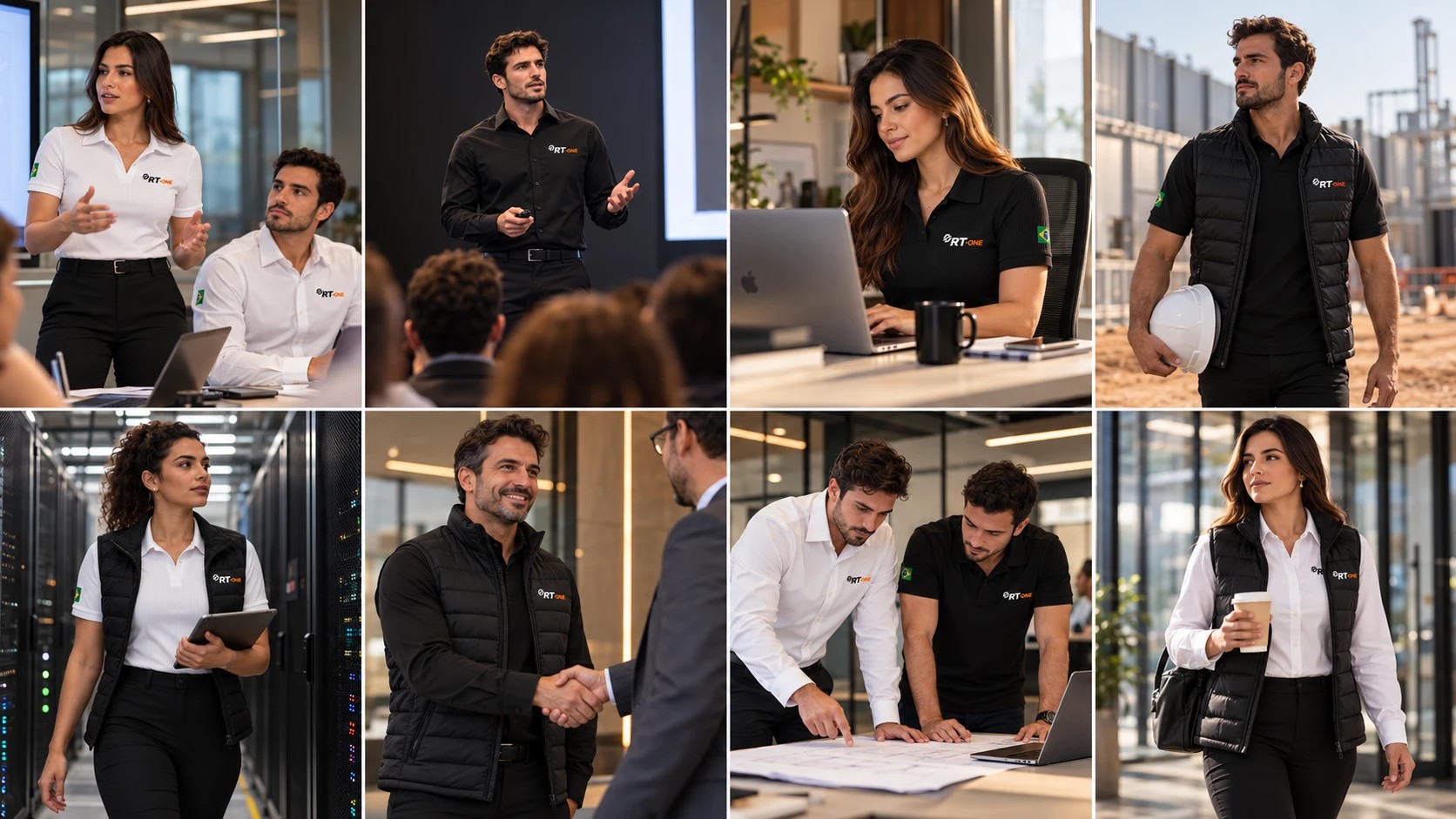 Ensaio da linha formal: oito fotos de colaboradores da RT-One em reunião, palestra, home office, visita a obra, data center, encontro com cliente, trabalho em equipe e chegada ao escritório, usando polos, camisas e colete