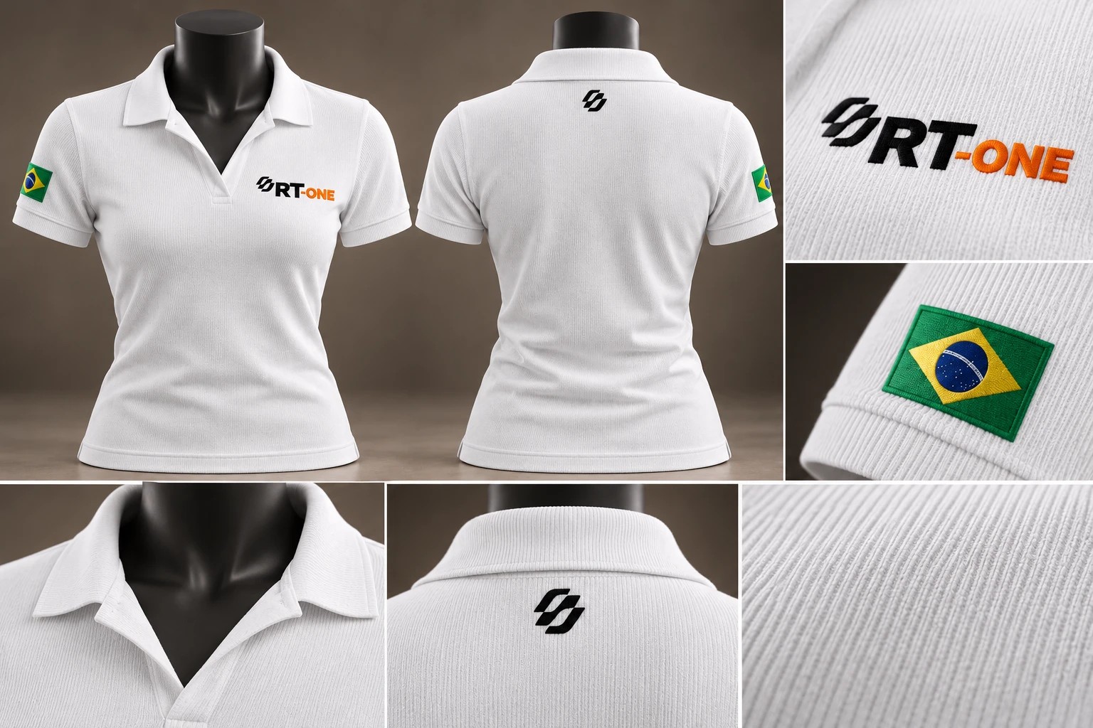 Polo gola italiana feminina branca, frente, costas e detalhes
