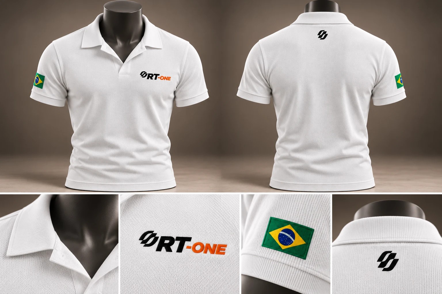 Polo gola italiana masculina branca, frente, costas e detalhes