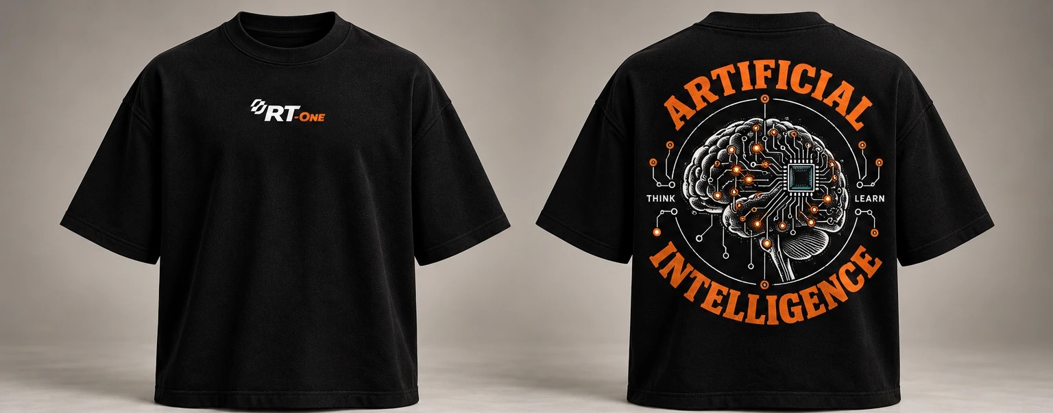 Camiseta oversized preta RT-One com o emblema Artificial Intelligence nas costas, frente e costas