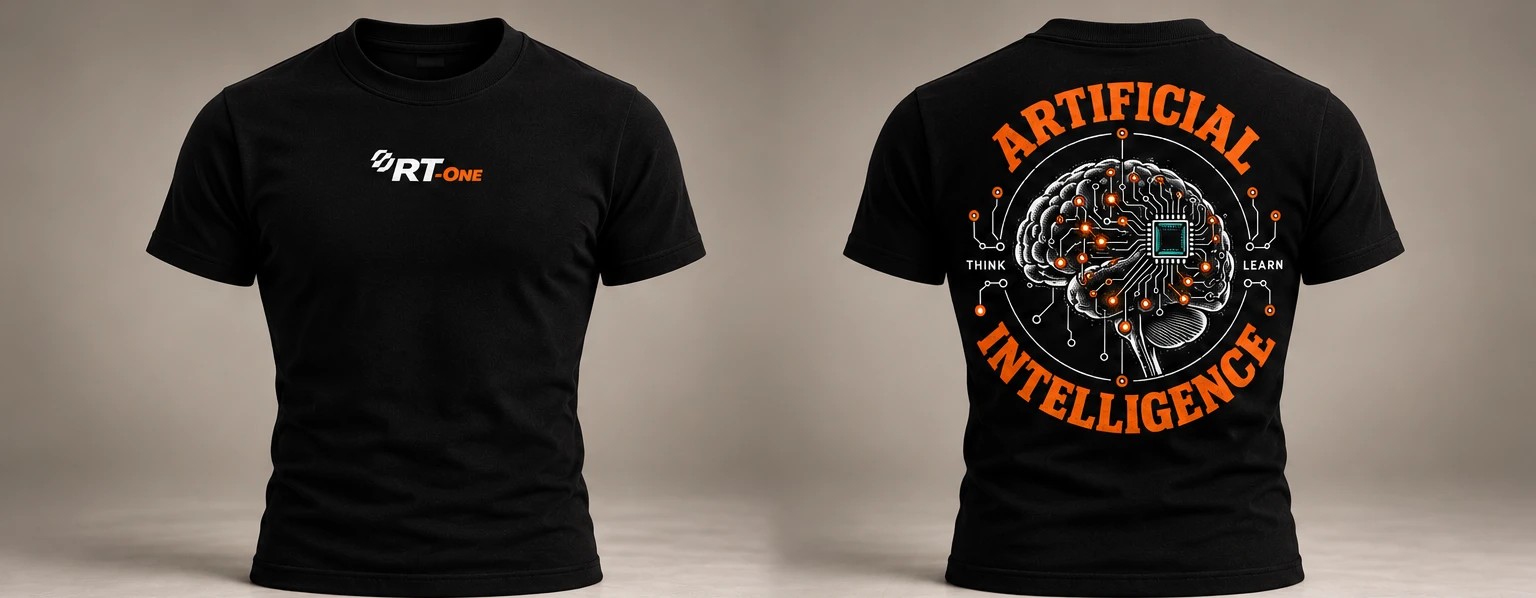 Camiseta tradicional preta RT-One com o emblema Artificial Intelligence nas costas, frente e costas