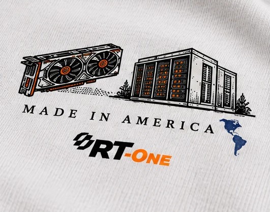 Estampa da frente: GPU, data center, Made in America, mapa das Américas e logo