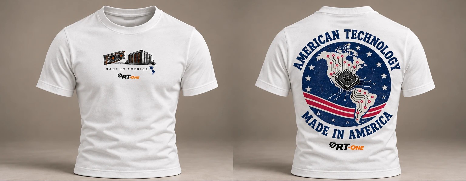 Camiseta tradicional branca RT-One Made in America, frente e costas