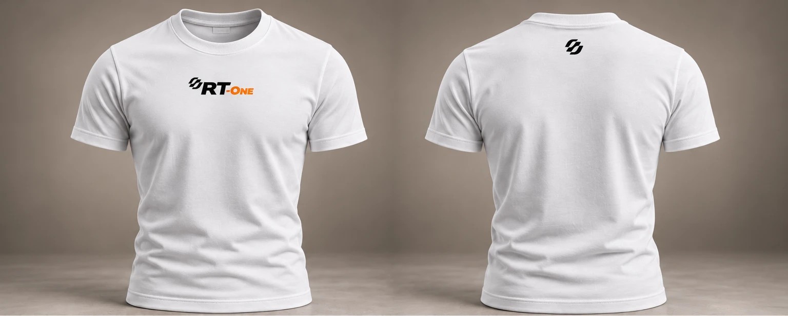 Camiseta básica slim branca RT-One, frente com logo no peito e costas com o símbolo na nuca