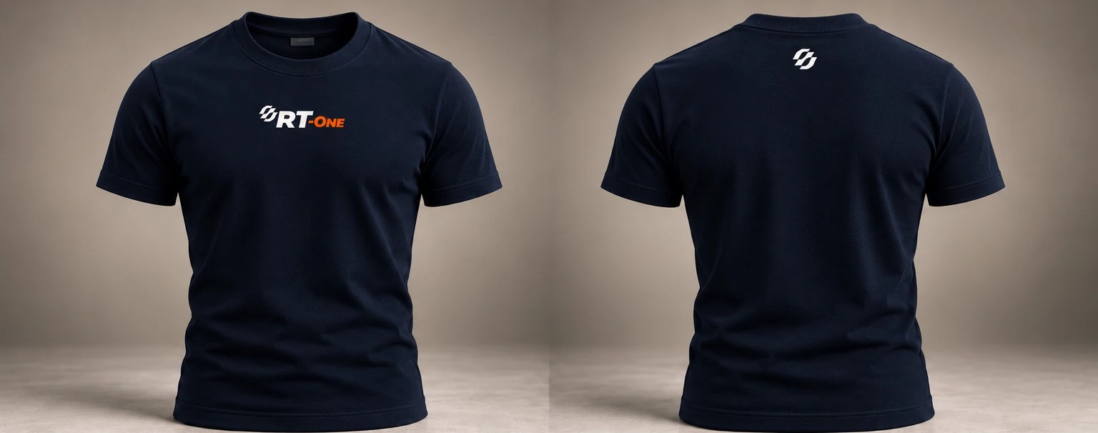 Camiseta básica slim azul-marinho RT-One, frente com logo no peito e costas com o símbolo na nuca