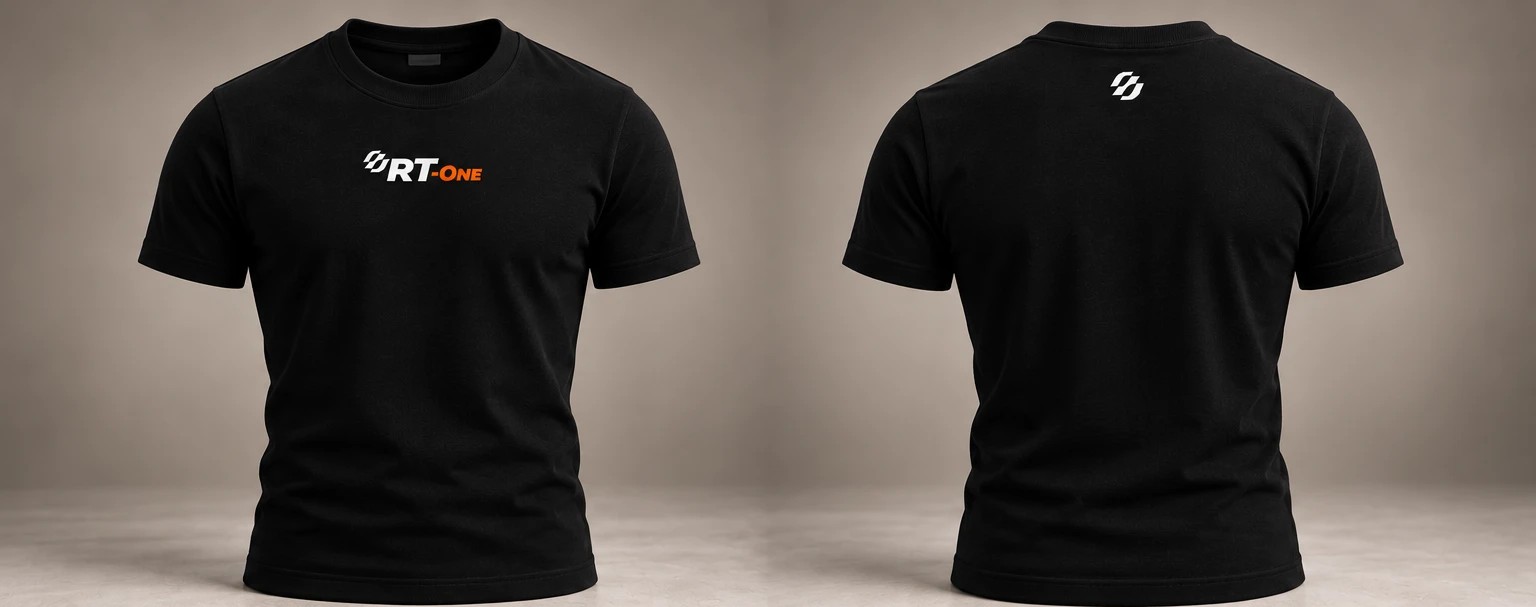 Camiseta básica slim preta RT-One, frente com logo no peito e costas com o símbolo na nuca