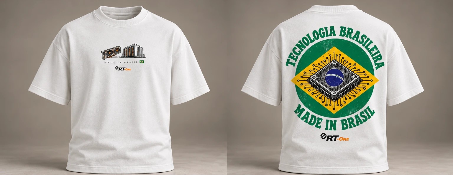 Camiseta oversized branca RT-One Made in Brasil, frente e costas