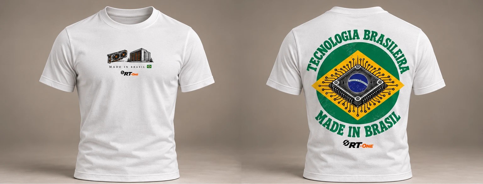Camiseta tradicional branca RT-One Made in Brasil, frente e costas
