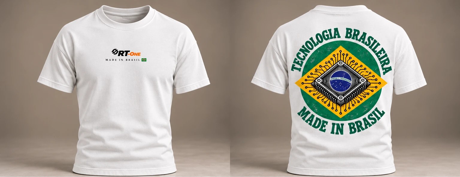 Camiseta tradicional branca Made in Brasil versão 2, com o logo RT-One e Made in Brasil no peito e o emblema nas costas