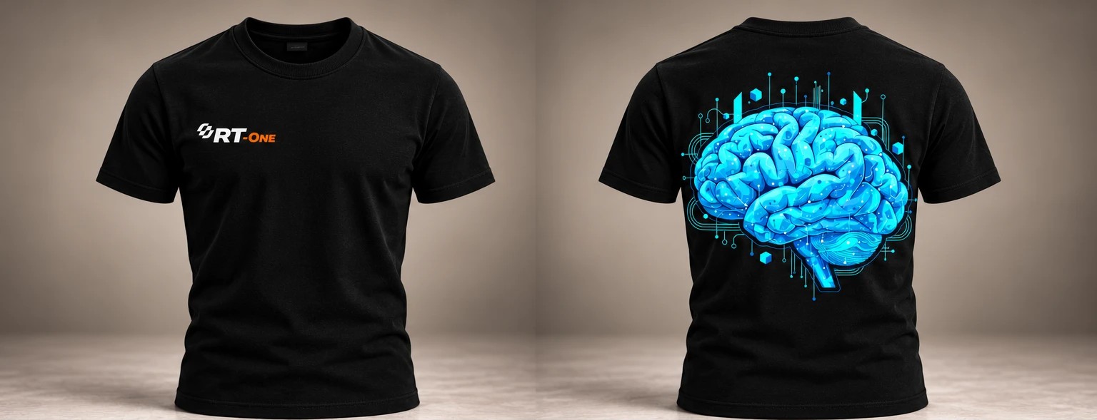 Camiseta tradicional preta RT-One, logo pequeno no peito e um cérebro azul com circuitos nas costas