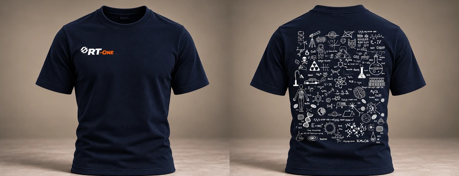 Camiseta tradicional azul-marinho RT-One, logo pequeno no peito e fórmulas e desenhos de ciência nas costas