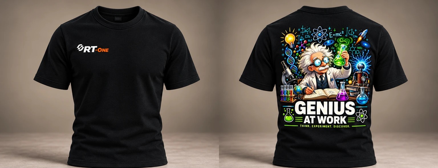 Camiseta tradicional preta RT-One, logo pequeno no canto do peito e a arte Genius at work nas costas