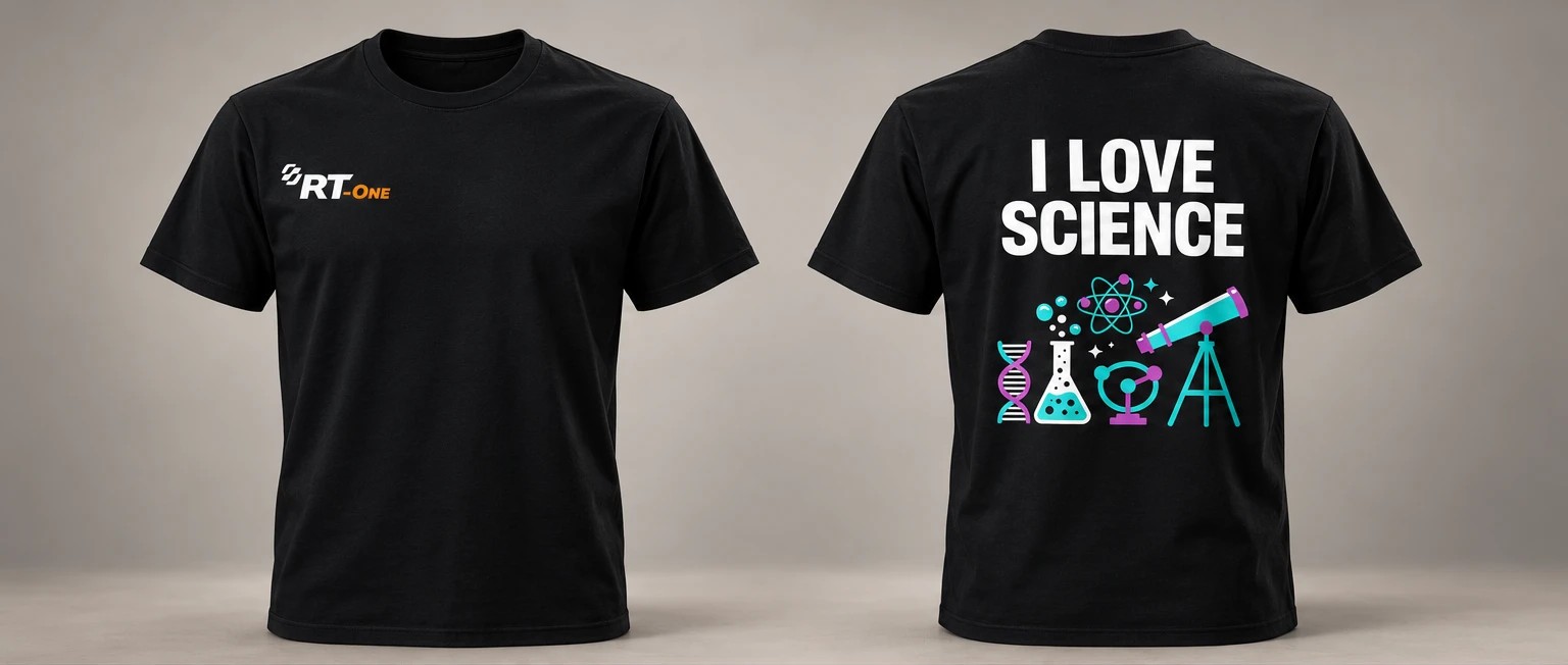 Camiseta tradicional preta RT-One, logo pequeno no peito e a arte I love science nas costas