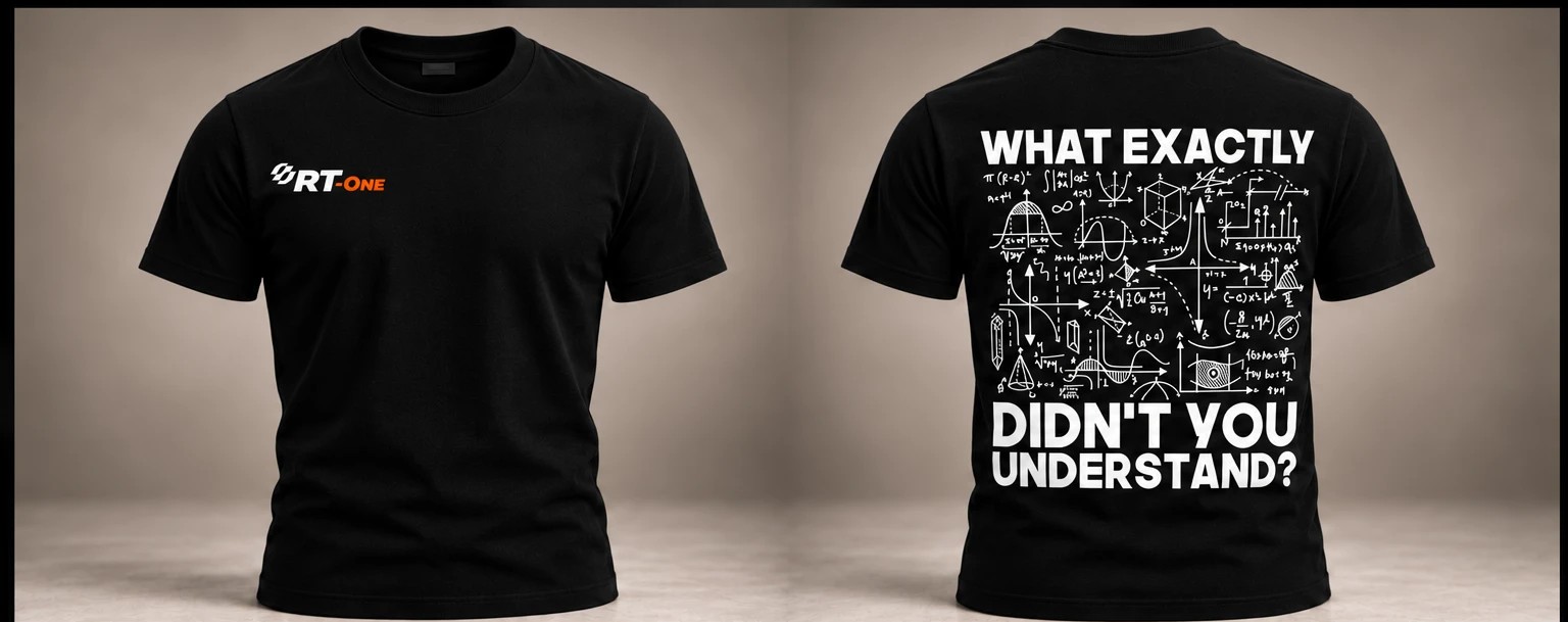 Camiseta tradicional preta RT-One, logo pequeno no peito e a arte What exactly didn't you understand nas costas