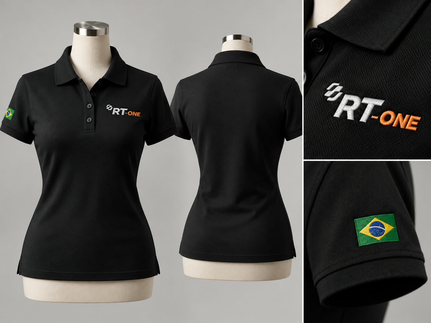 Polo tradicional feminina em manequim, frente, costas e detalhes