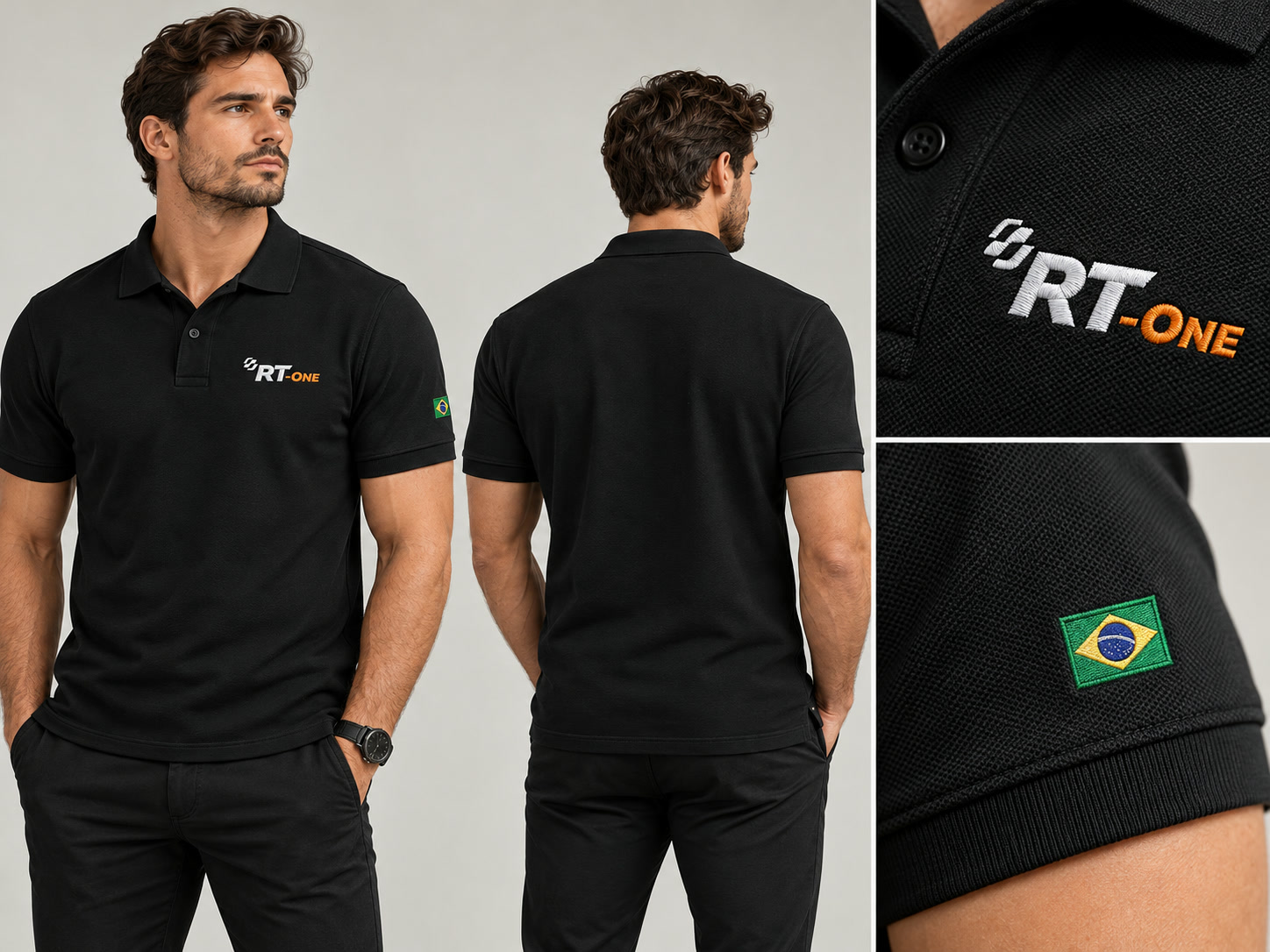 Polo tradicional masculina vestida, frente, costas e detalhes